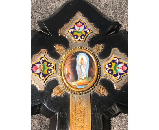 Blackboard stone stoup with bronze cross and enamels with the figure of Our Lady of Lourdes. France.     