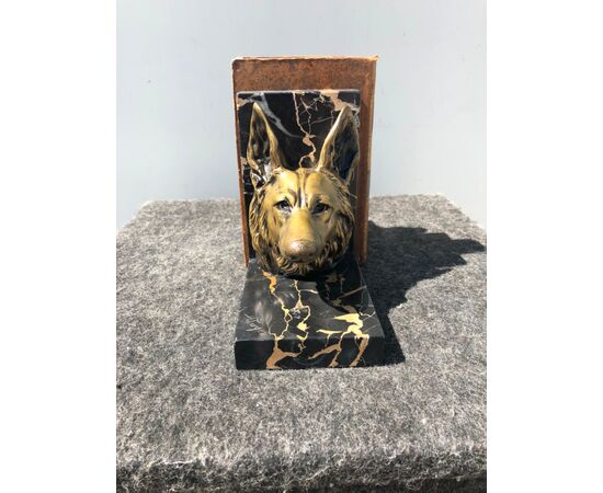 Pair of bronze and marble bookends depicting dog heads. Signature: H Payen. France.     