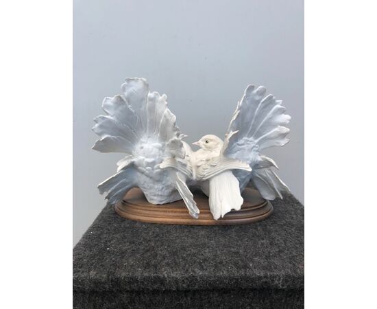 Pair of doves in bisque porcelain on a wooden base.Signed.     