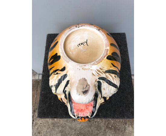 Earthenware vase depicting a tiger&#39;s head.Manufacture of Signa, Tuscany.     