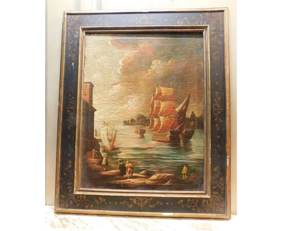 pan266 - pair of paintings with marine views, 18th century, cm l 94 xh 112     