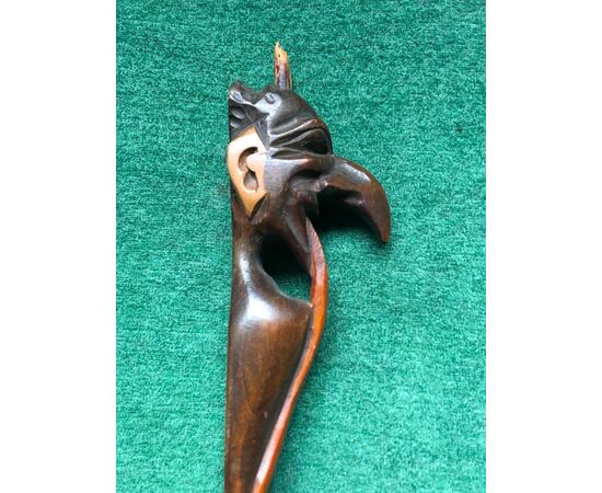 Wooden letter opener carved in a single piece depicting a devil&#39;s head.     