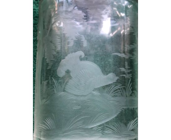 &#39;Travel&#39; bottle in transparent cut crystal with a scene of Grouse.Bohemia.     