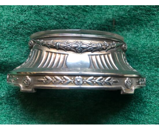 Pair of silver salt cellars with Empire geometric and floral motifs. France.     