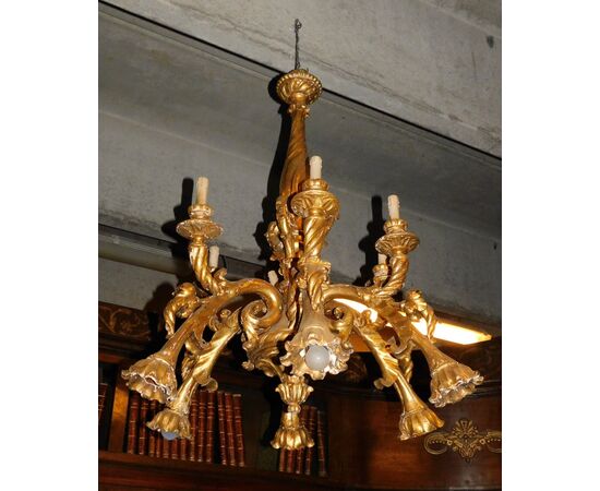 lamp171 - chandelier in gilded wood and carved with flowers, cm circ. 84 xh 108     