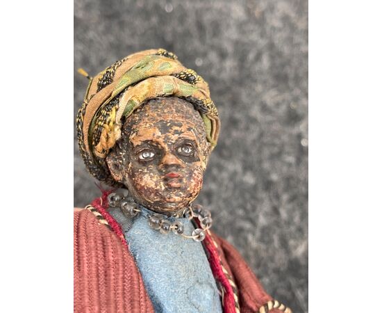 Neapolitan nativity figurine, Moretto figure. Terracotta head with glass eyes.     