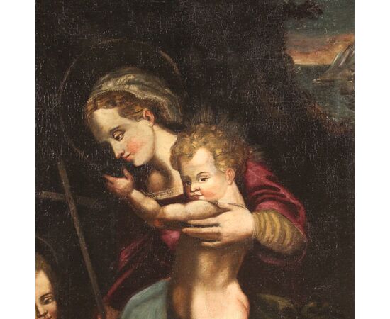 Antico dipinto italiano religioso Madonna con bambino e San Giovannino del XVIII secolo