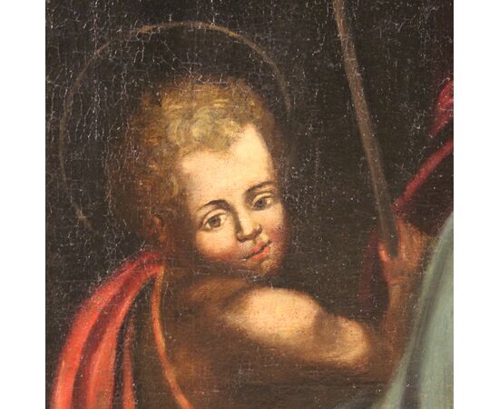 Antico dipinto italiano religioso Madonna con bambino e San Giovannino del XVIII secolo