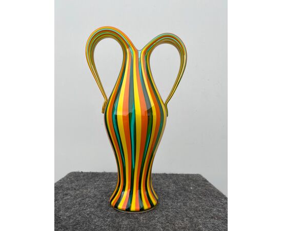 Glass vase with vertical polychrome bands.Salviati manufacture.Murano.     