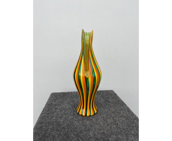 Glass vase with vertical polychrome bands.Salviati manufacture.Murano.     