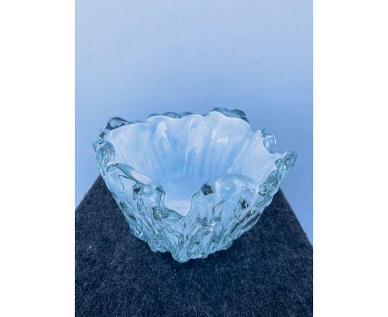Vase in heavy coated glass with milky interior and transparent drips. Seguso, Murano.     