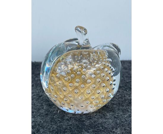 Submerged glass apple with bullicant effect and gold leaf.Seguso, Murano.     