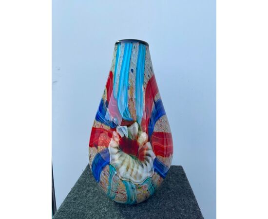 Submerged glass vase with lattimo, murrine and aventurine inclusions.Barbini manufacture, Murano.     