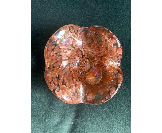 Lobed and iridescent ashtray with aventurine inclusions.     