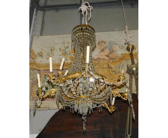 lamp174 - lampadario in bronzo dorato, epoca '800, misura cm l 120 x h 110