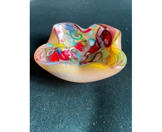 Milky sommerso glass ashtray with murrine and silver leaf inclusions.     