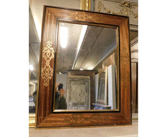 specc300 - walnut mirror with golden inlays, early 1900s, measuring cm l 80 xh 100     