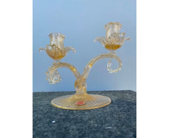 Two-burner spiral glass candlestick with gold leaf inclusions.Zecchin-Martinuzzi manufacture.Murano     