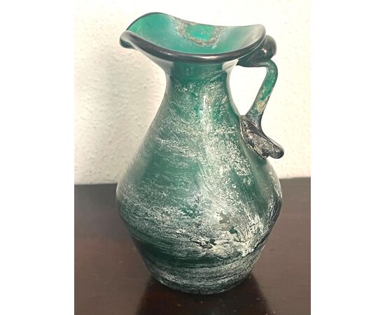 Iridescent green glass jar with archaeological style handle.Fratelli Toso.Murano     