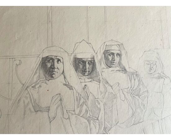 Drawing-sketch in pencil on paper with figures of nuns in prayer. (Arturo Pietra Archive, Bologna).     