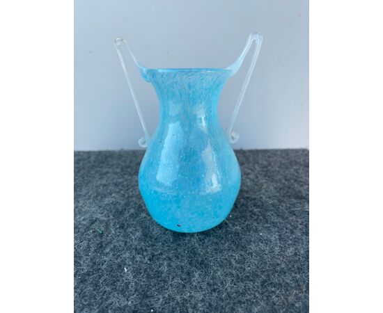 Two-handled pulegoso blue glass jar.Fratelli Toso.Murano     