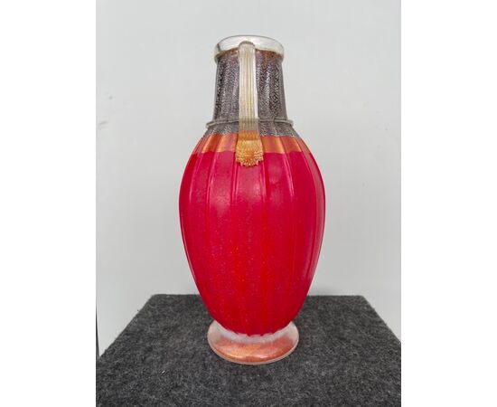 Heavy sommerso glass vase ribbed and acid worked with gold and silver inclusions.Signed.La Fornasotta.Murano.     