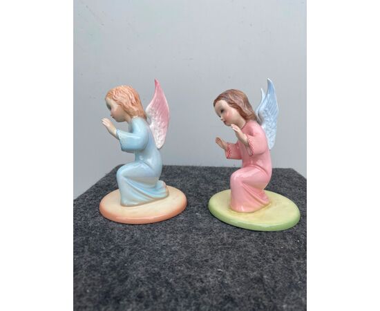 Pair of angels in polychrome earthenware. Ronzan Manufacture, Turin.     