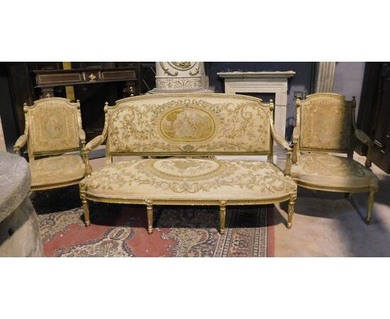  panc106 - salotto dorato formato da un divano e quattro poltrone, XX secolo  