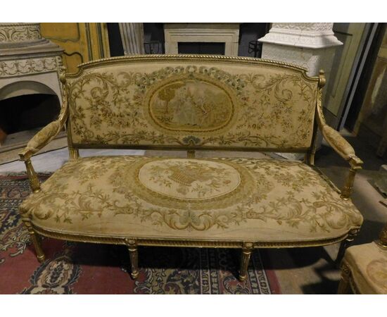  panc106 - salotto dorato formato da un divano e quattro poltrone, XX secolo  