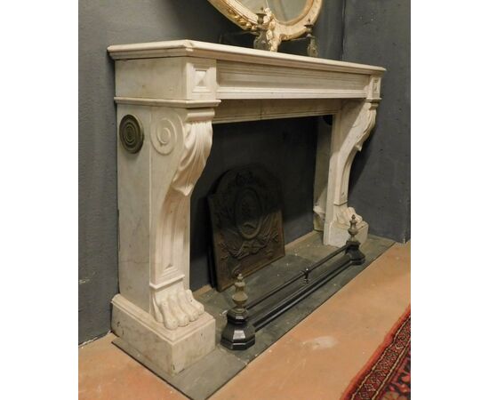 chm429 Empire fireplace in white Carrara marble lion&#39;s paw, mis. 150 xh 103 cm, 109 cm xh 76 p.39cm mouth, prof. 18 cm