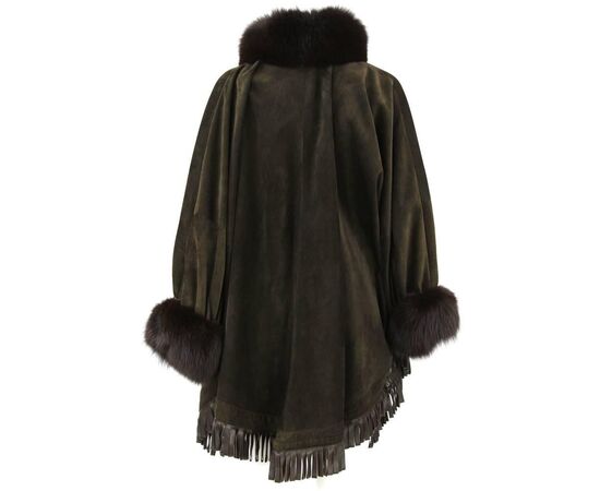 1980s Christian Dior Greenish Brown Suede Cape Coat Trimmed with Fox Fur