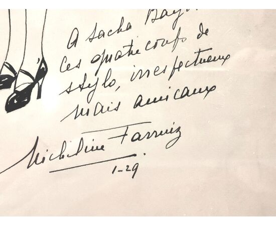 DISEGNO a CHINA EROTICO "RAGAZZA IN GUEPIERE" firmata MICHELINE FERRUIZ (danseuse)- Dedicato a  SACHA BAYOT 1929