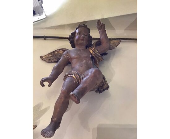 Coppia angeli senesi in legno policromi h 80x60 prima parte XVII SECOLO