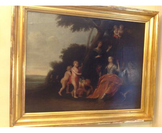 Pittura francese su tela  scena campestre con cornice dorata XVIII sec 