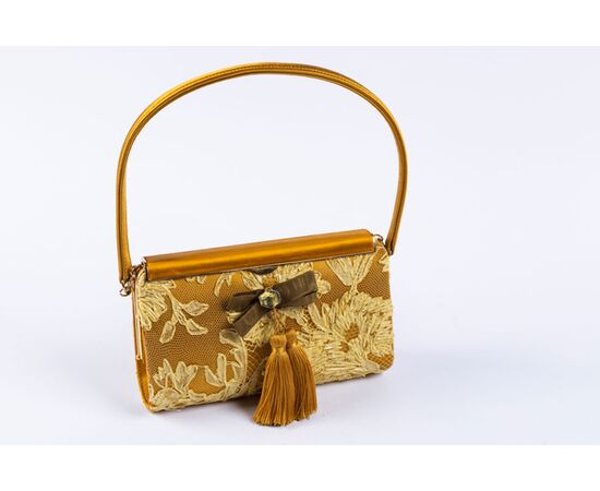 “Collezione Franco Jacassi” – Borsina gialla con tessuto anni ’50 e applicazioni d’epoca