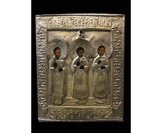 Interessante icona con rappresentazione dei santi Apollinare, Sidonio e Avito - XIX°