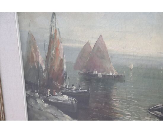 Dipinto olio su tela marina con pescatori, quadro firmato, sec. XX PREZZO TRATTABILE