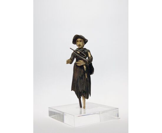 German manufacture, Early 19th Century, Beggar with wooden trumpet, bone and transparent plexiglass base     