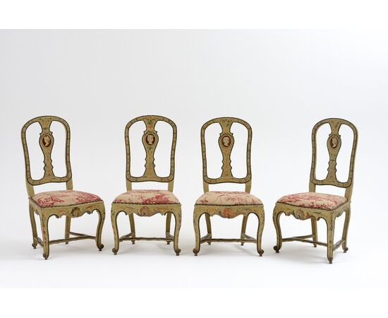 Central Italy, 18th century, Four lacquered and upholstered chairs in excellent conservation conditions     