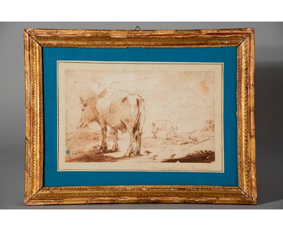 Attribuito a Giovanni Francesco Barbieri detto il Guercino, Pastore con le sue mucche, disegno a sanguigna
