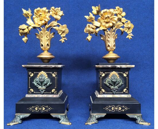 Pair of gilt bronze flowers on black marble bases - France 19th century     