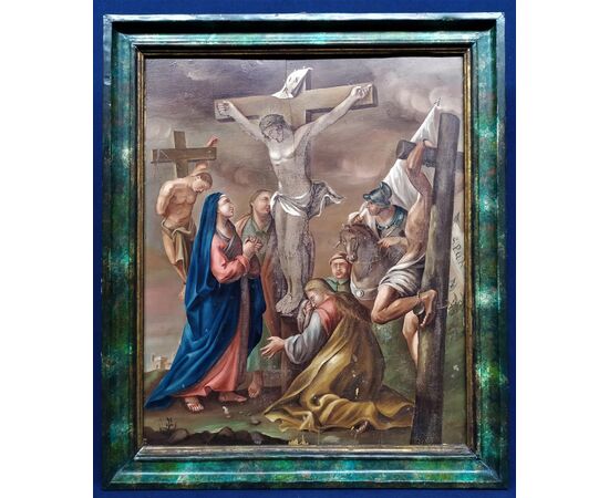 Oil painting on wood &quot;Crucifixion&quot; - Italy 18th century.     