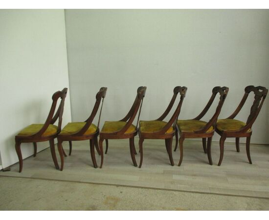 Gruppo di sei sedie a gondola stile Carlo X in noce - restaurazione . primi 900