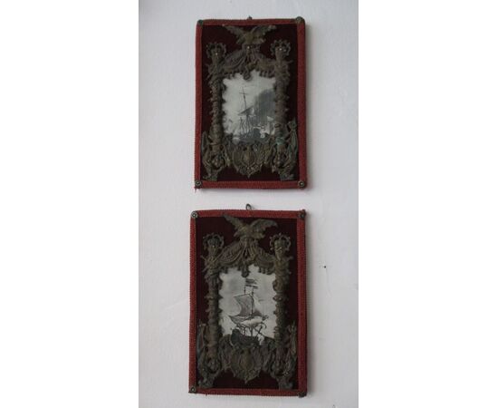 Pair of frames in embossed sheet - photo frame - with naval prints - beautiful!     