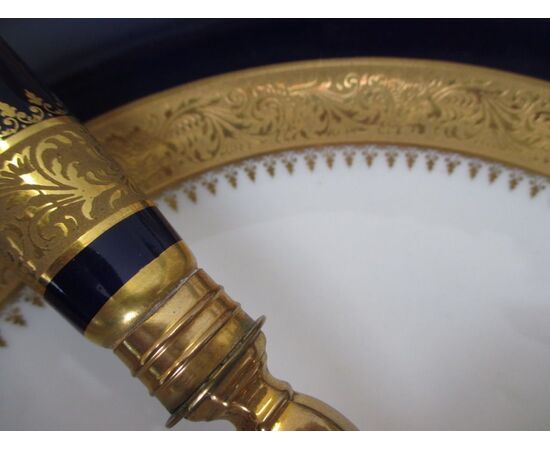 Centrotavola zuppiera con cucchiaio Limoges blu dorato in oro zecchino - 900