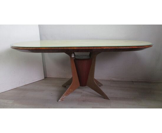Vintage oval table in mahogany and iron - glass top - 1950s / 60s modern antique     