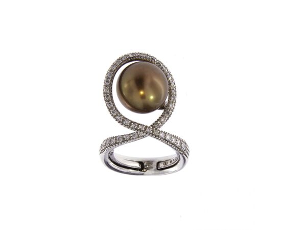 Anello Saturno con perla chocolate e diamanti