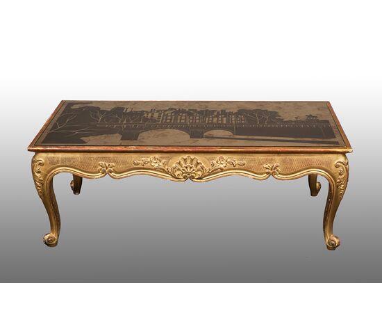 Tavolino da salotto antico Napoleone III Francese in legno dorato e intagliato. Periodo XIX secolo.