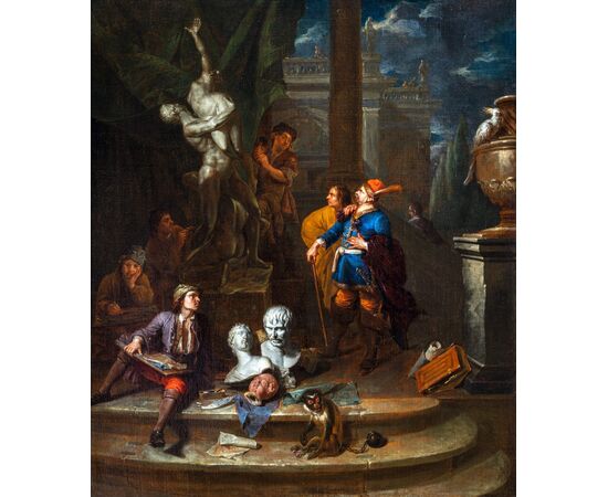 Balthasar Van Den Bossche (o Bosch)  (Antwerp, 1681 - 1715)  Sculptor workshop and visit of the collector, oil on canvas cm 69 x 59, signed and dated: B. V. Bosche, 1701