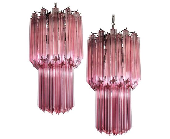 Charming Pair of Triedri Glass Chandeliers, Pink Prism, Murano